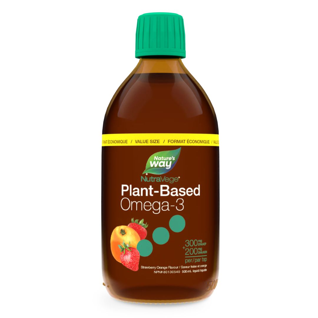 Nature's Way NutraVege Omega-3 Plant-Based Supplement in a strawberry orange flavor, 500ml bottle.