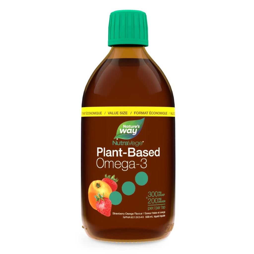 Nature's Way NutraVege Omega-3 Plant-Based Supplement in a strawberry orange flavor, 500ml bottle.