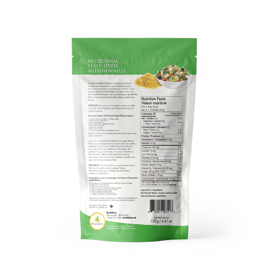 Nutritional yeast package with green top and white back on a white background