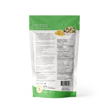 Nutritional yeast package with green top and white back on a white background