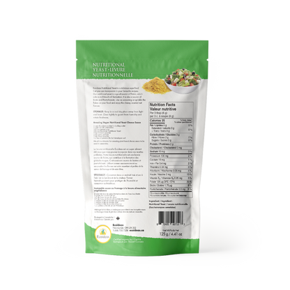 Nutritional yeast package with green top and white back on a white background