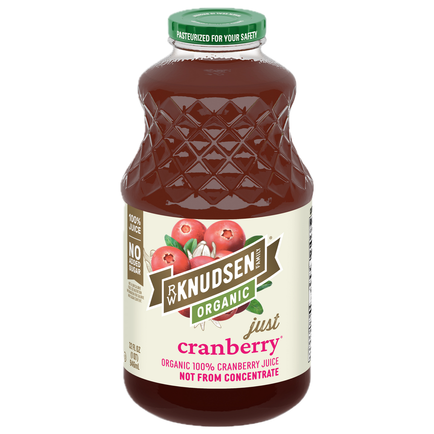 A bottle of Knudsen Organic Just Cranberry juice with a green cap and a cream-colored label featuring cranberry illustrations, isolated on a white background.
