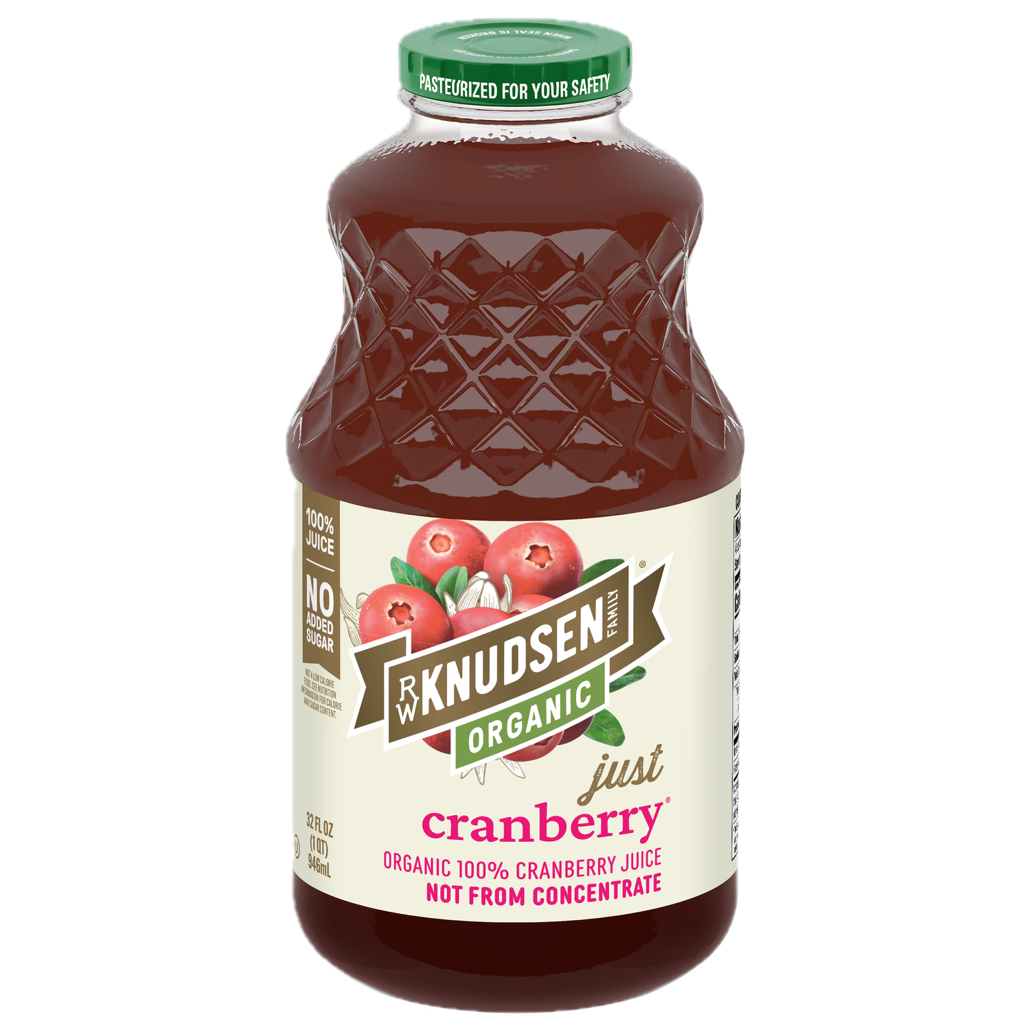 A bottle of Knudsen Organic Just Cranberry juice with a green cap and a cream-colored label featuring cranberry illustrations, isolated on a white background.