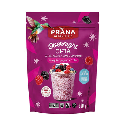 Prana Organic Bio Overnight Chia package with berries on a pink background