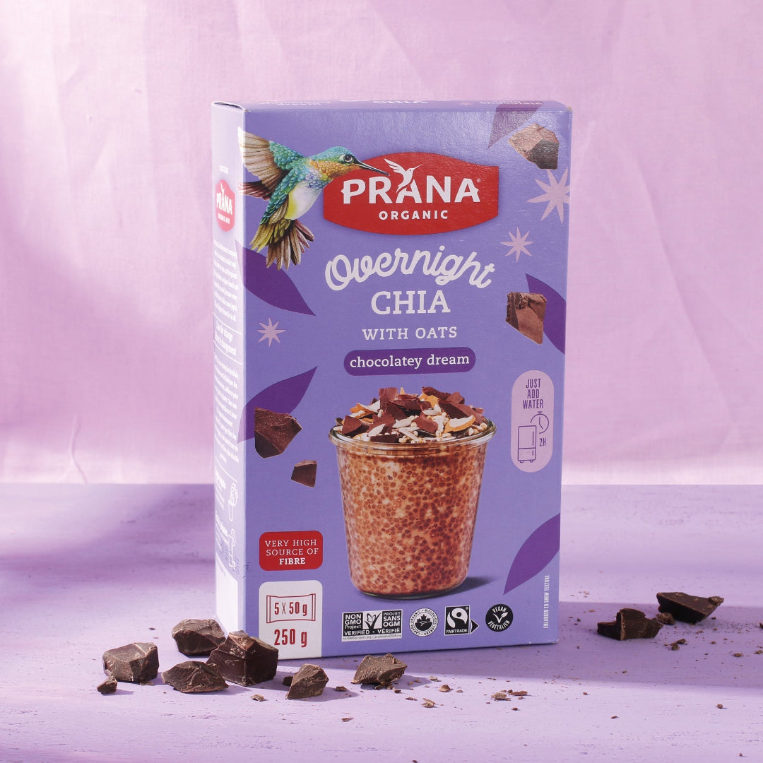Prana Organic Overnight Chia with Oats packaging on a purple background