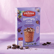 Prana Organic Overnight Chia with Oats packaging on a purple background