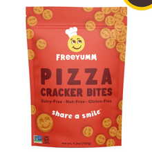 Packaging of Freyumm Pizza Cracker Bites with a smiley face on a white background