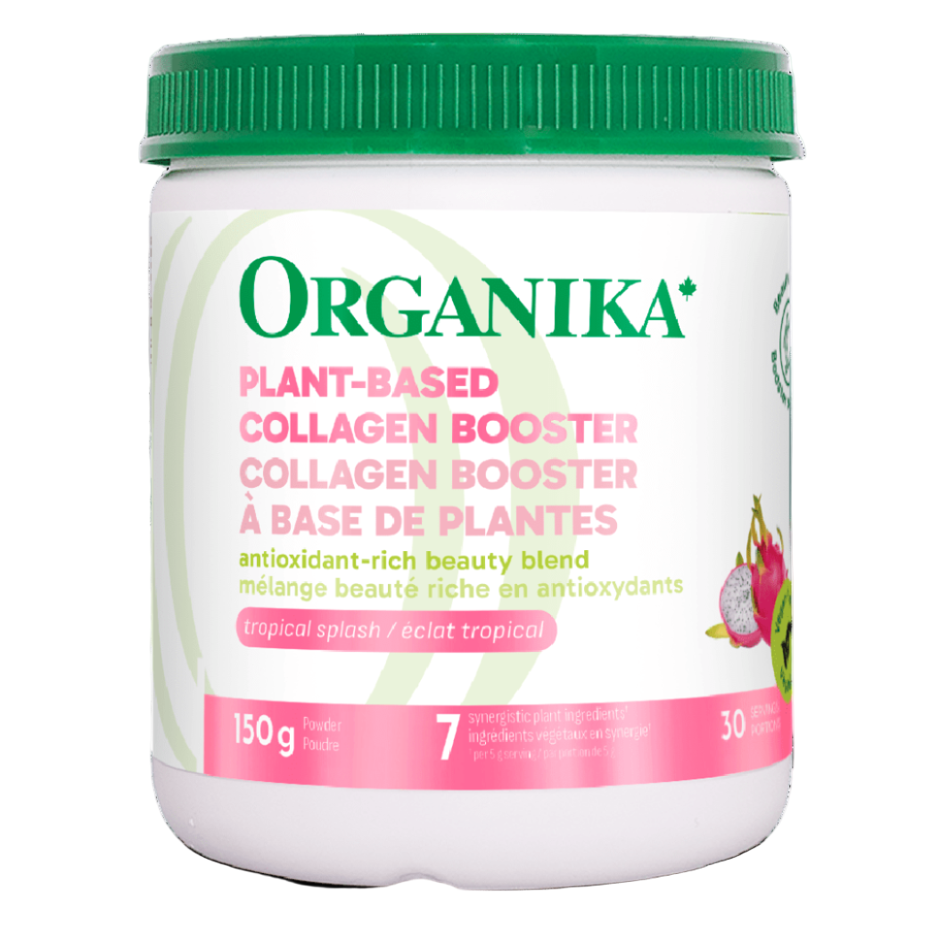 Organika plant-based collagen booster container on a green background