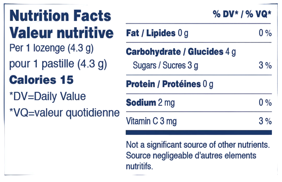 Nutrition facts label for a product with specific details about calories, fat, carbohydrates, sugars, protein, sodium, and vitamin C per serving.