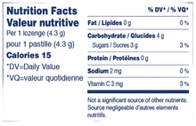 Nutrition facts label for a product with specific details about calories, fat, carbohydrates, sugars, protein, sodium, and vitamin C per serving.