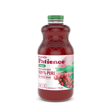 Bottle of FrutisOr Patience Organic Cranberry Juice on a white background