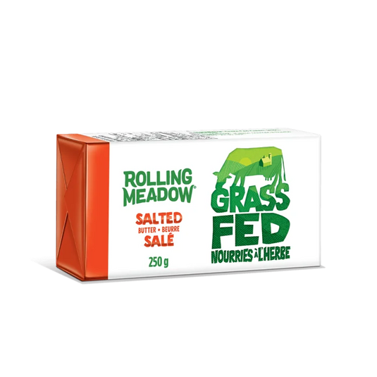 A 250g package of Rolling Meadow Grass Fed Salted Butter, featuring a white cardboard box with green and red text and a green cow logo, set against a plain white background.