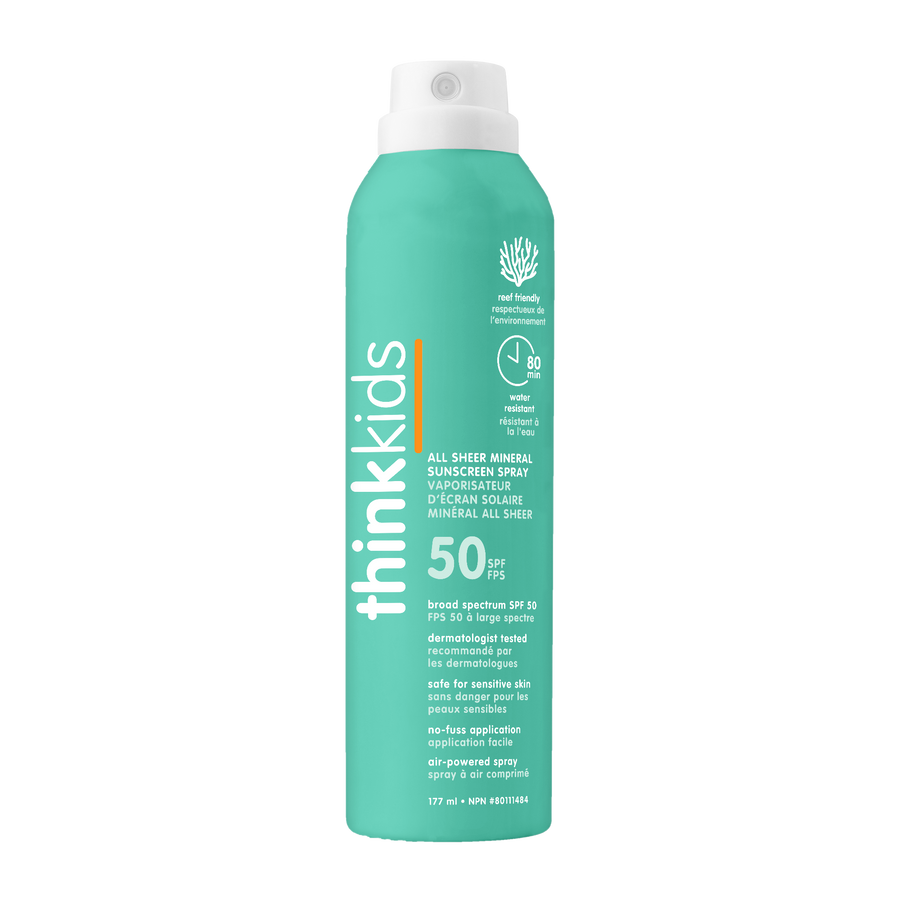Green sunscreen spray bottle for kids with 'thinkkids' branding on a white background