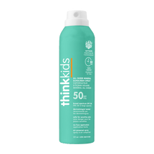 Green sunscreen spray bottle for kids with 'thinkkids' branding on a white background