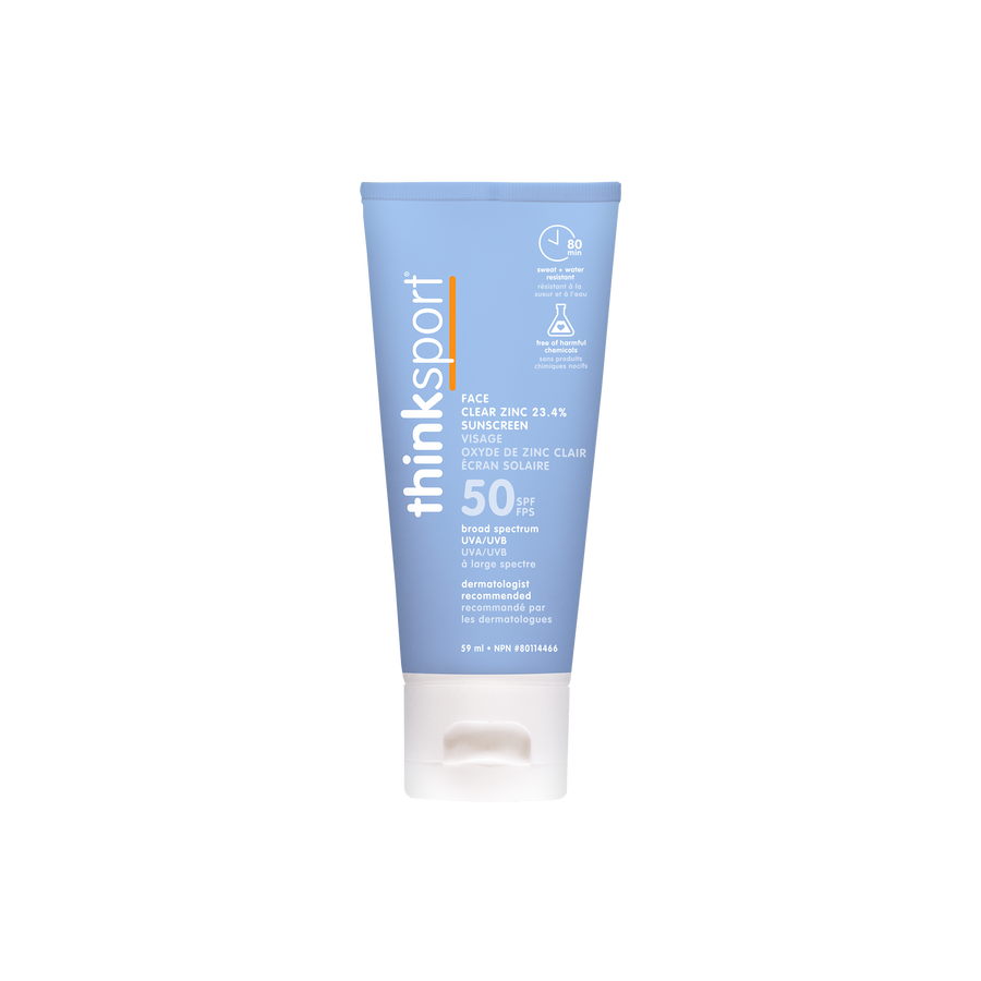 Tube of thinksport sunscreen on a white background