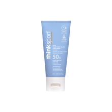 Tube of thinksport sunscreen on a white background