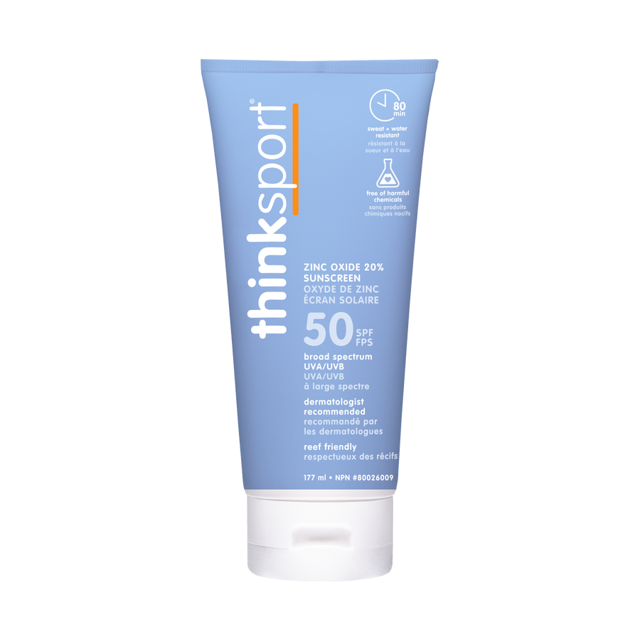 thinksport sunscreen tube on a white background