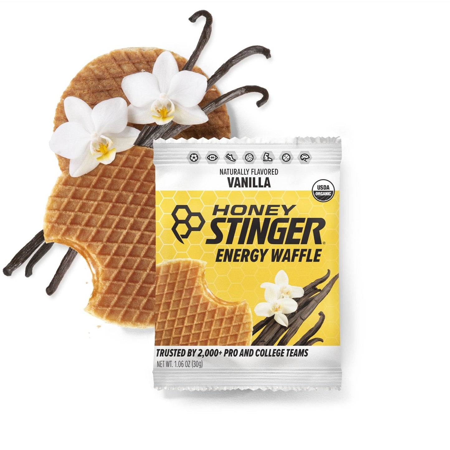 Honey Stinger Vanilla Energy Waffle with packaging on a white background