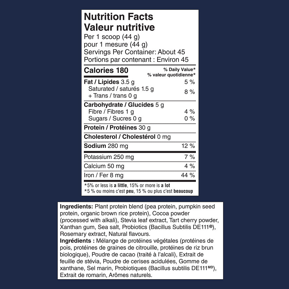 Nutrition facts label for a protein product with detailed ingredient list below.
