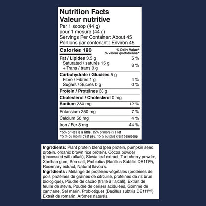Nutrition facts label for a protein product with detailed ingredient list below.