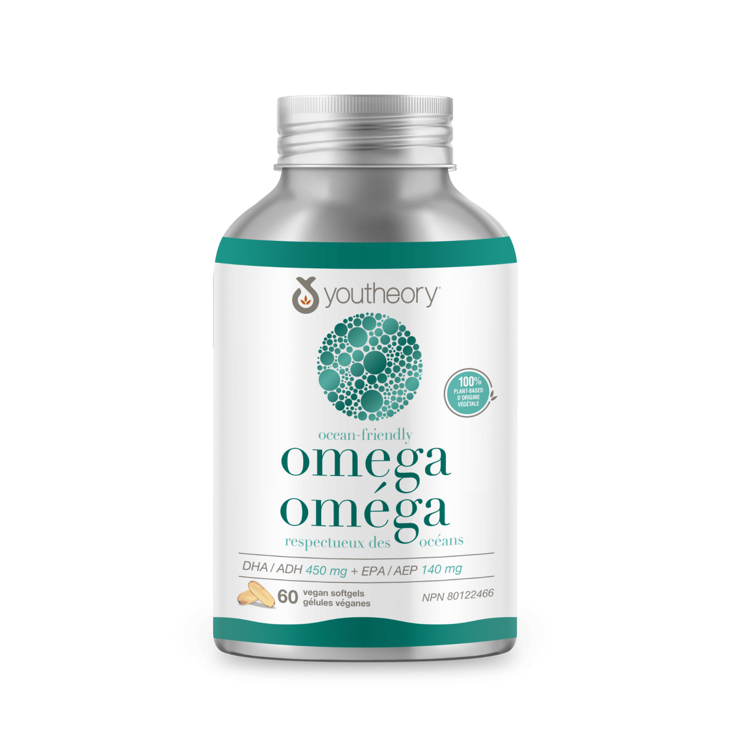Youtheory omega supplement bottle on a green background