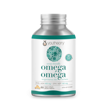 Youtheory omega supplement bottle on a green background