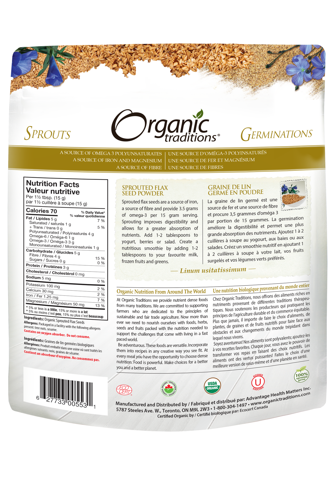 Organic Traditions Sprouted Flax Powder (454g) - Lifestyle Markets