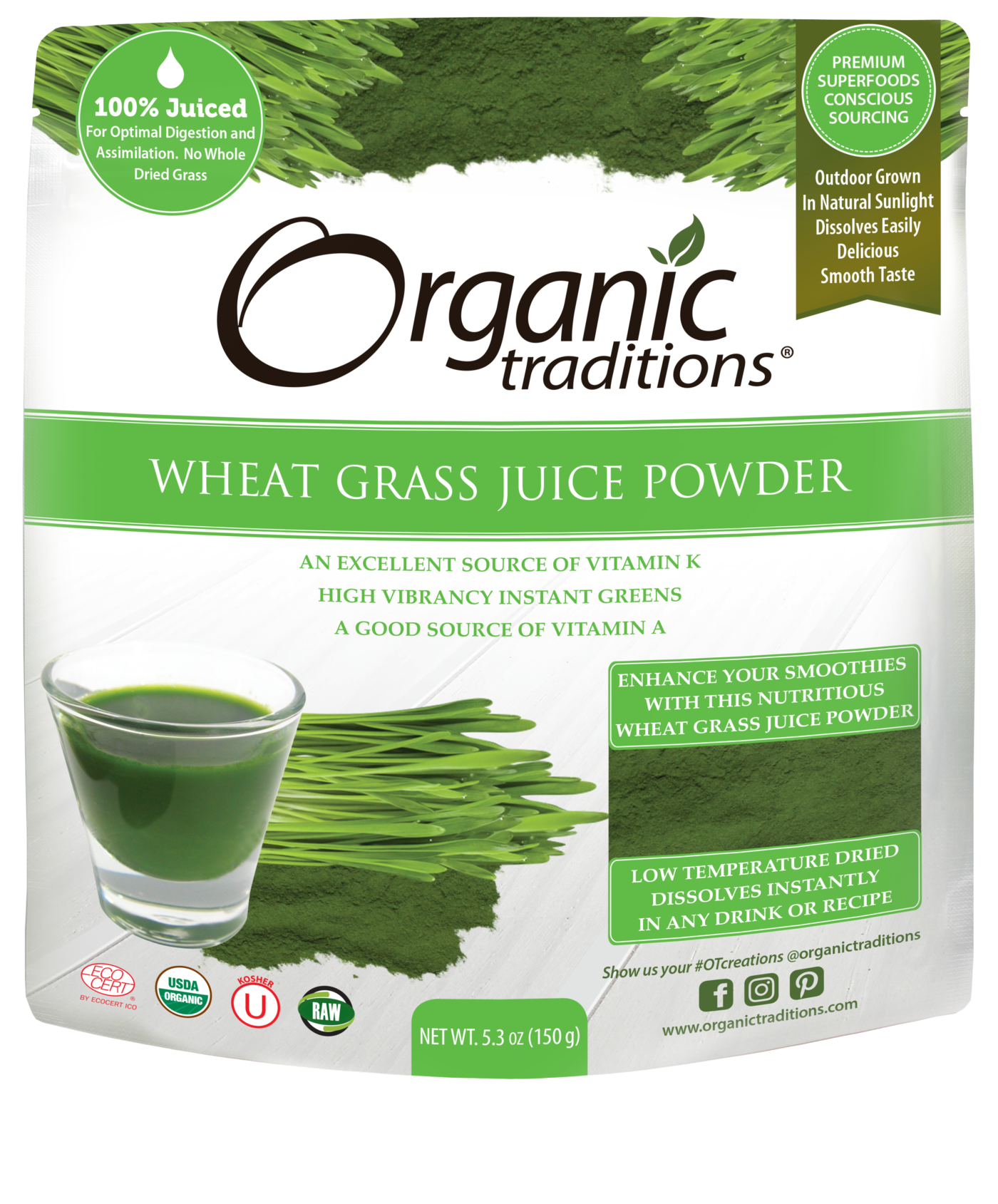 Organic Traditions Wheat Grass Juice Powder (150g) - Lifestyle Markets