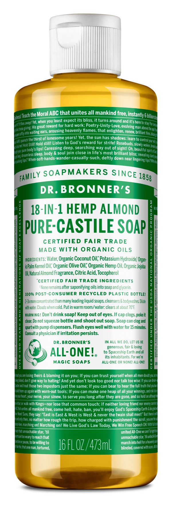 Dr. Bronner's Castile Liquid Soap - Almond (473ml) - Lifestyle Markets