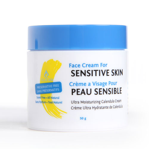 A container of Glacier Face Cream for sensitive skin, with a blue lid and a label that includes the product name and weight (50g).