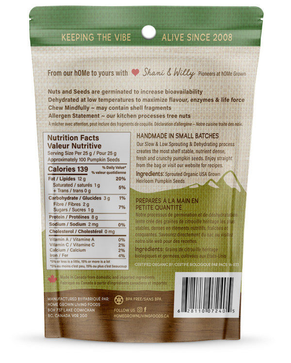 hOMe Grown Living Foods Sprouted Heirloom Pumpkin Seeds (120g) - Lifestyle Markets