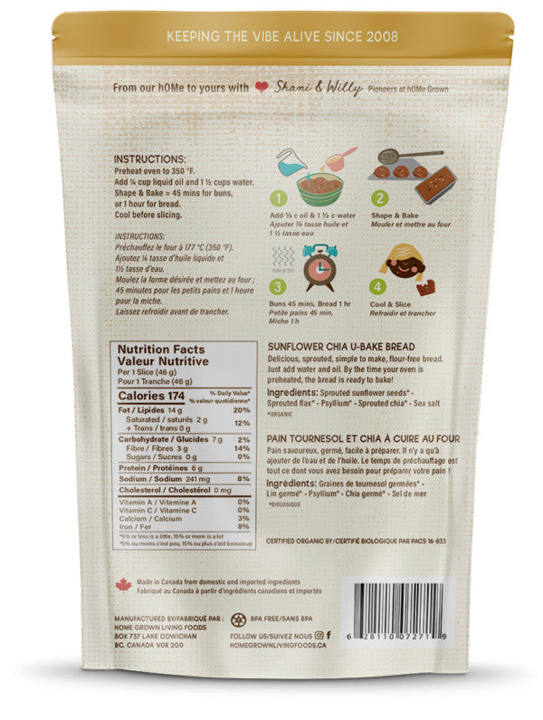hOMe Grown Living Foods U-Bake Keto Bread - Sunflower Chia (526g) - Lifestyle Markets