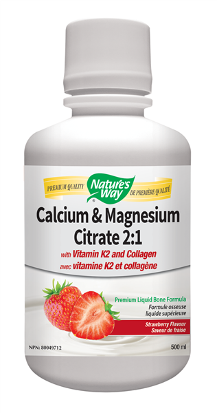 Nature's Way Cal/Mag Citrate 2:1, K2 + Collagen - Strawberry (500ml) - Lifestyle Markets